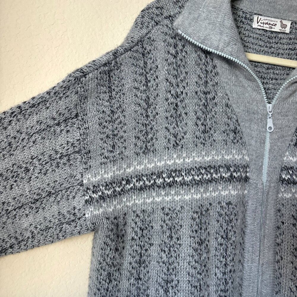 Baby Alpaca Men's XL Printed Gray Full Zip Front Cardigan Jacket Made in Peru - Picture 8 of 12